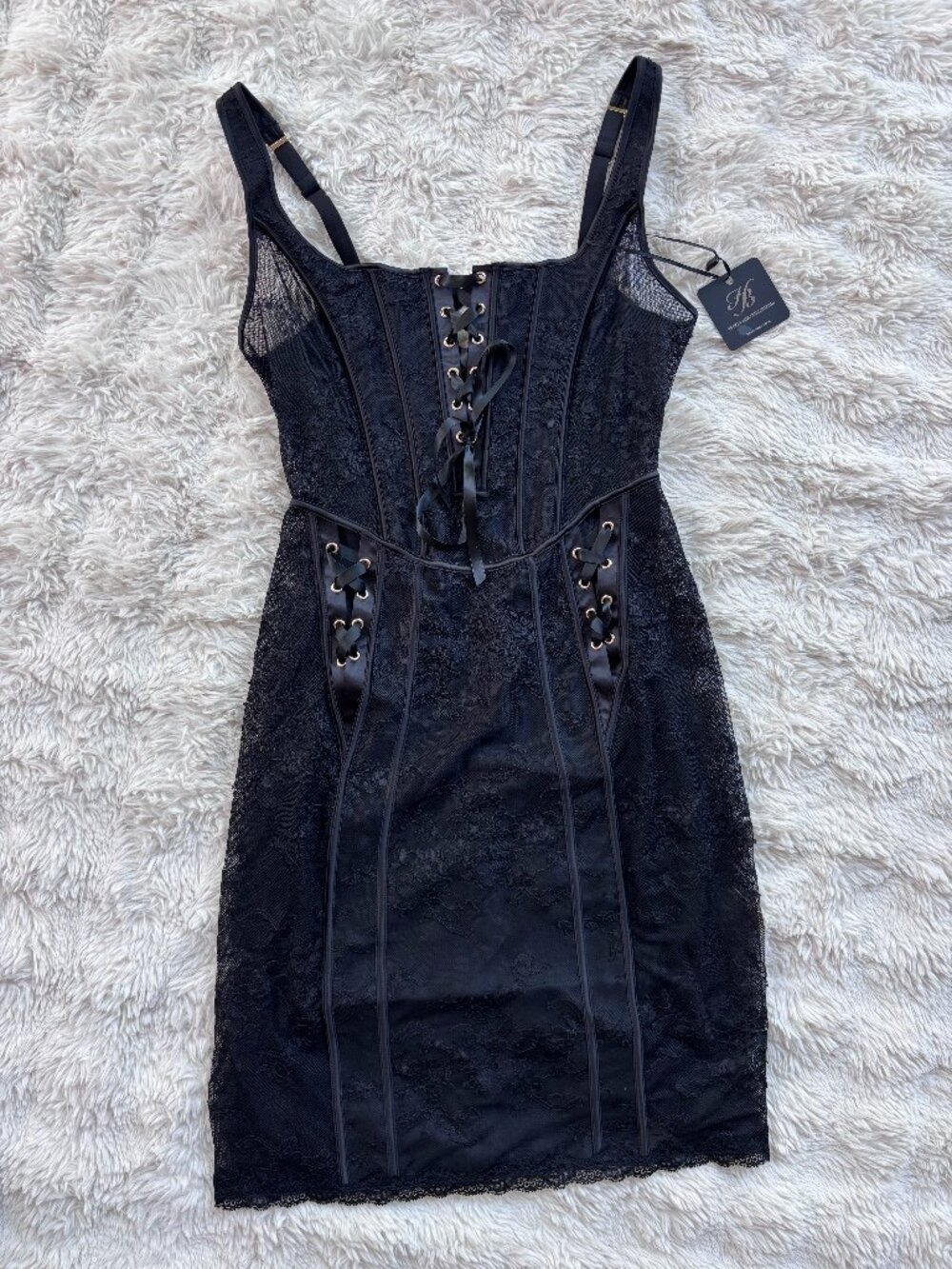 NWT Honey Birdette Rebecca Black Lace Corset Mini Dress Size M